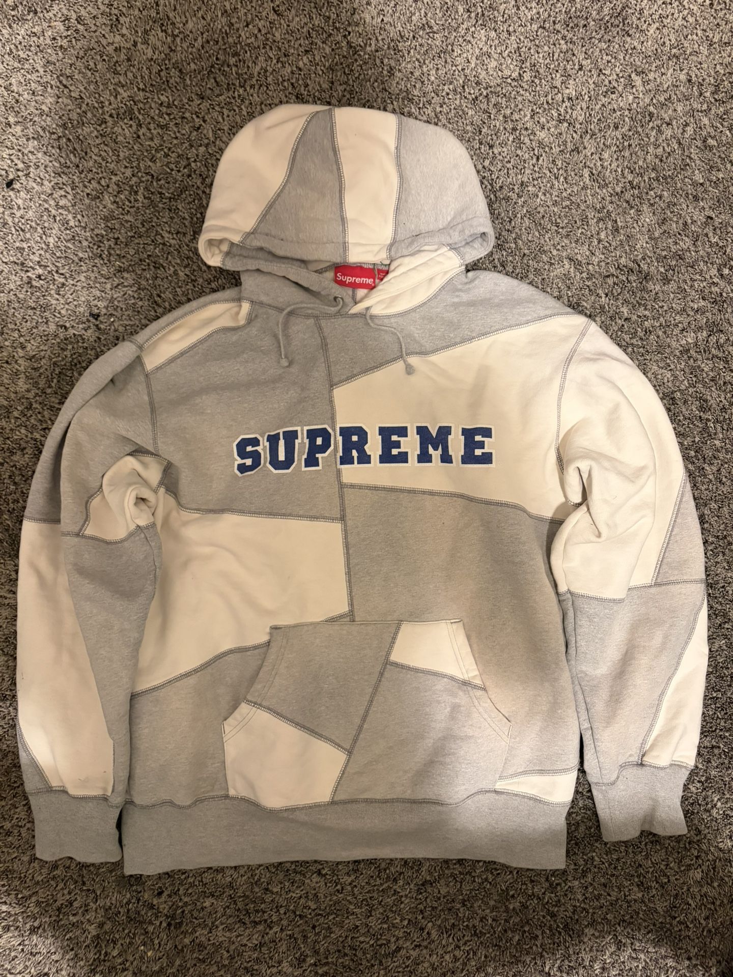 SUPREME GREY AND CRÈME PATCHWORK HOODIE