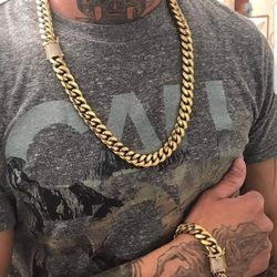 12MM Cuban Link Set 14k Gold Plated Doesn't Loses Color 