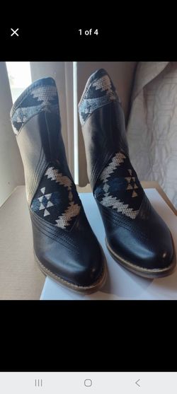 Black Leather Ankle Boots with Aztec Detail size 7