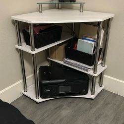 Furinno 16098WOKSS Turn-N-Tube Space Saving Corner Desk with Shelves, White Oak & Stainless Steel Tubes