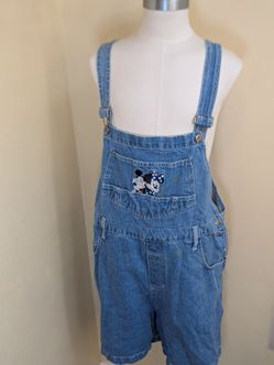 Vintage Mickey Mouse Denim Overalls Shorts Romper Jerry Leigh Size L Disney
