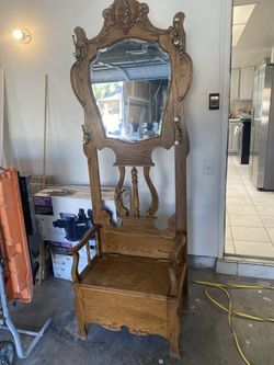 Antique Oak Hall Seat rack tree hat coat storage And mirror