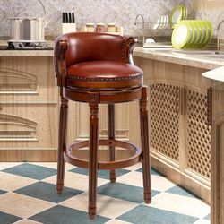 Bar Stools Rubber Wood Counter Height Bar Stool Leather Upholstered Swivel Barstools with Back & Footrest for Home,Kitchen,Counter,Dining Room (Brown,