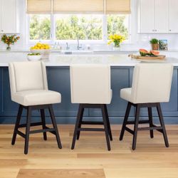 Antique White Leather Swivel  Barstool Set Of 3  