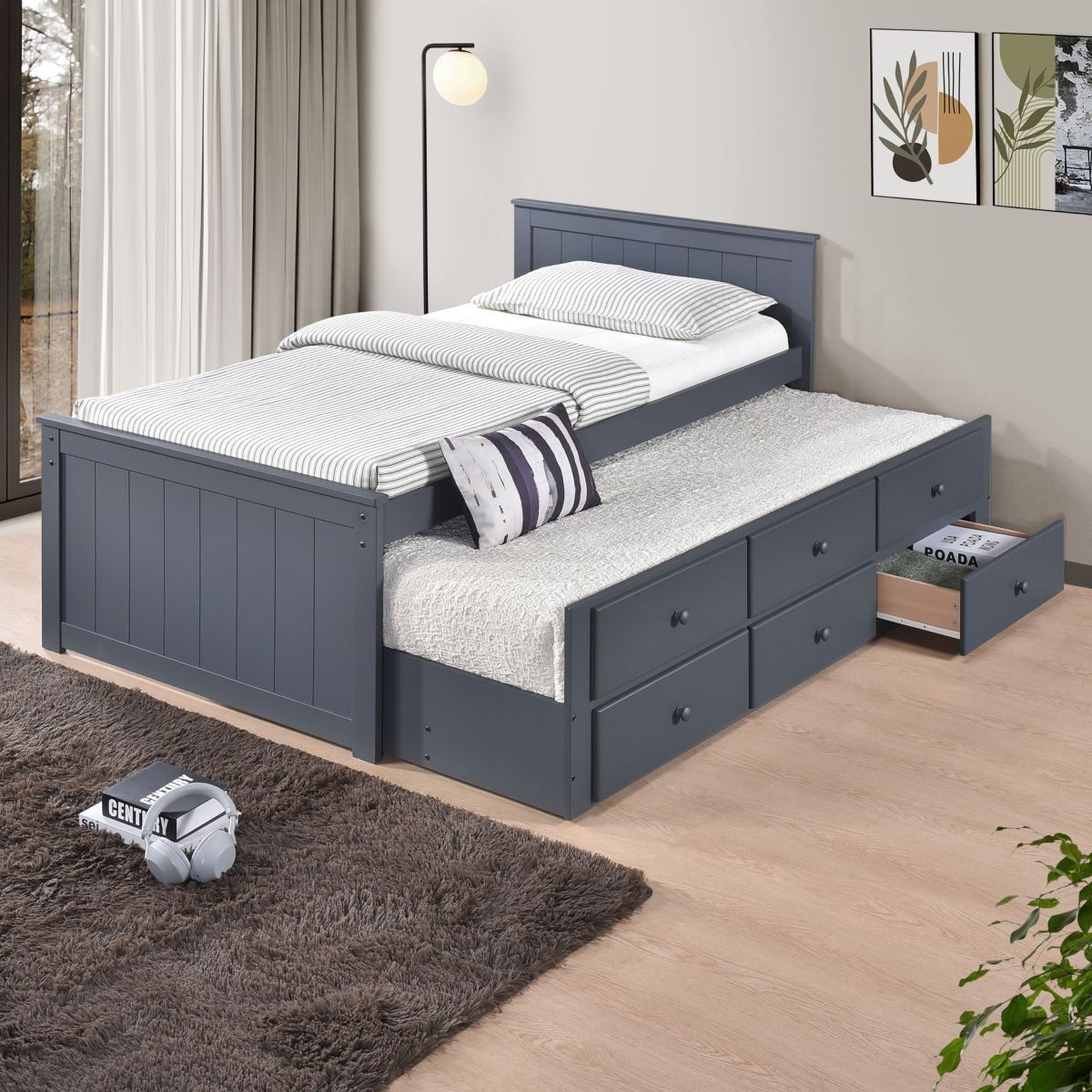 Twin Bed Frame w/ Trundle & Drawers