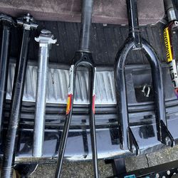 Bike Parts Lot – Wheels, Forks, Saddles, Travel Bag – $200
