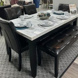 Marble Dining Table Set 4 Chairs and Bench 