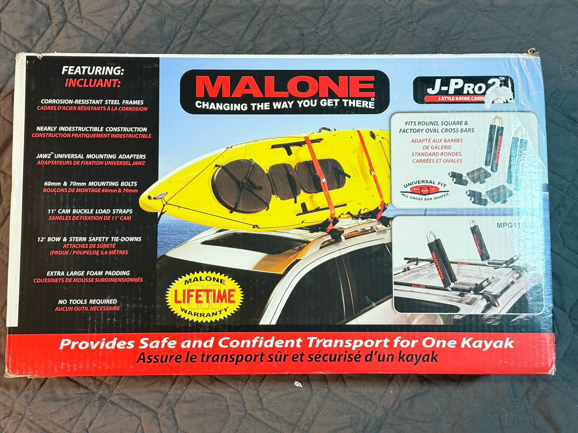 Malone J Pro2 - J-Style - Side Loading Kayak Carrier with tie downs