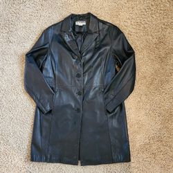 Black Lambskin Leather Button Front Mid Length Coat Jacket
