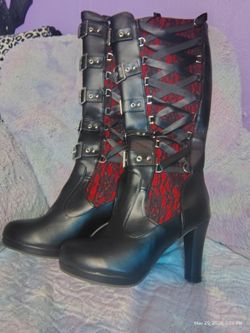 Zhtaisou Black/Red Lace  & Buckles Boots
