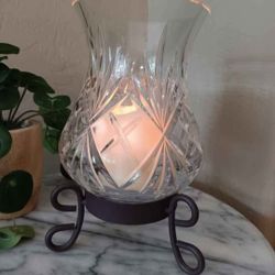 $15 Vintage Cut Crystal Hurricane Lamp Globe, Old With New, Rod Iron Stand, Fun Decor 9"Tall