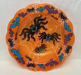 Vintage Berman Halloween candy party bowl spiders bats 1990s orange scalloped
