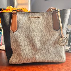 Michael Kors MK Monogram Tote Bag Brown White PVC Leather Women's