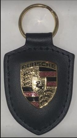 Black Porsche Leather Crest KeyRing Key Chain New
