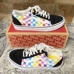 Vans Old Skool Black, White & Rainbow Checkerboard Skate Shoes (SIZE 7.5 MEN / 9.0 WOMEN)