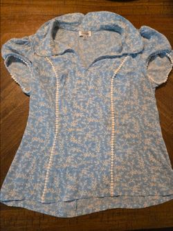 Unique Vintage Women's Sky Blue Floral Blouse Short Sleeve Large