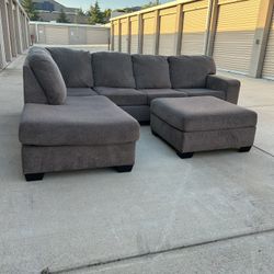 L Shape Grey Sectional With Ottoman (Delivery Available)