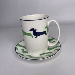 KATE SPADE Lenox WICKFORD DACHSHUND Dog Coffee Cup Mug & Plate Navy/Green