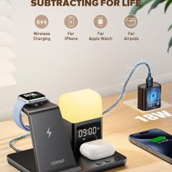 6 in 1 Wireless Charging Station for Apple Charging Station for Multiple Devices with Alarm Clock and Night Light nightstand for iPhone 16 15 14 13 fo