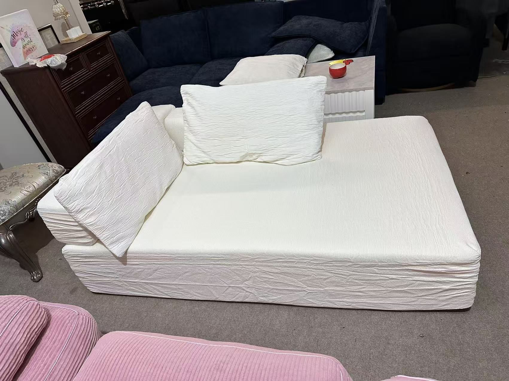 Cream Multi-Functional Lounge Sofa Bed | Thick Cushion | Removable Bolster Pillows