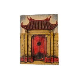 Chinese Traditional Red Door Ceramic Wall Plaque 10.5”x 8”