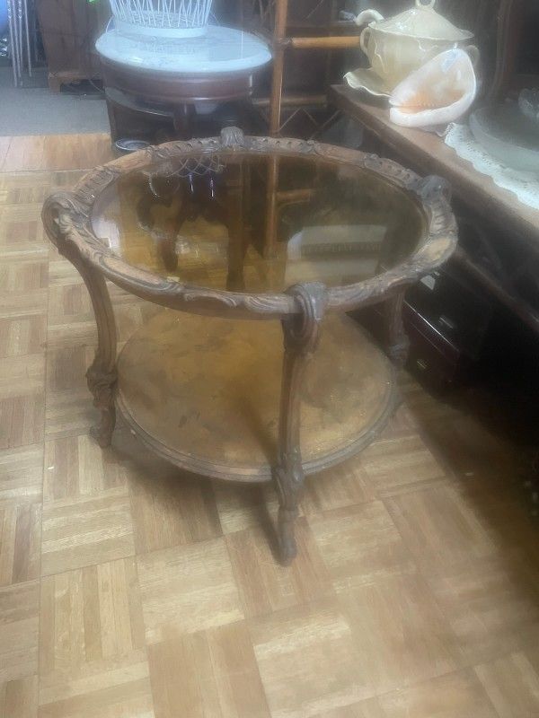 Antique French Carved Wood Side Table Glass Top