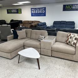 Small L Shaped Fabric Sectional With Chaise & Glass Table Blutooth Speaker 