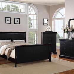 4 PCs Bedroom Set Dresser Mirror Night Stand And Queen Bed 