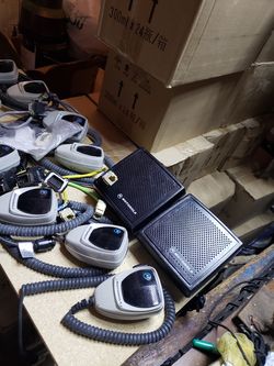 Motorola vhf mics, and Motorola external speakers $1