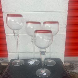 Lot Of 4 Candle Tea Light Holder Clear Glass Goblet Red Trim