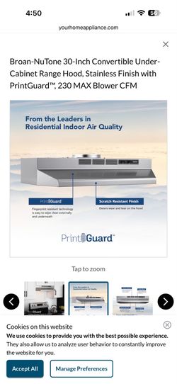 Broan-NuTone 30-Inch Convertible Under-Cabinet Range Hood, Stainless Finish with PrintGuard™ *, 230 MAX Blower CFM