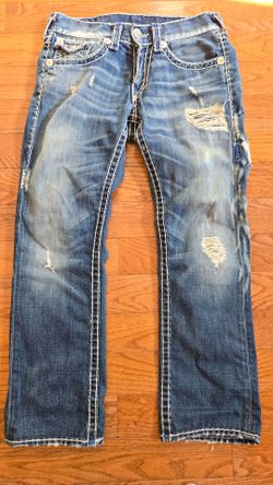 True Religion thick stitch white blue distressed jeans size 30x30