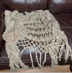 Beige Crochet Knit Shawl with Fringe
