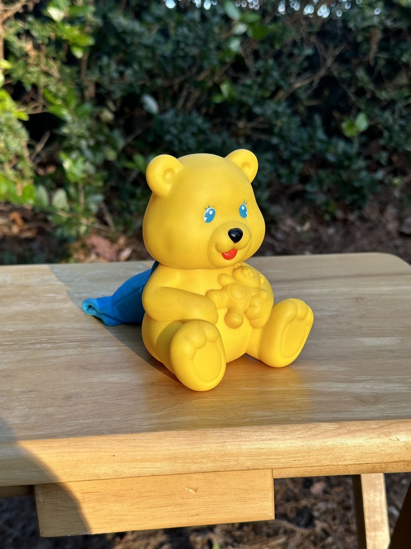 1990 Playskool Baby Bear Squeaky Bell Rattle, Rubber Bear Holding Teddy Bear