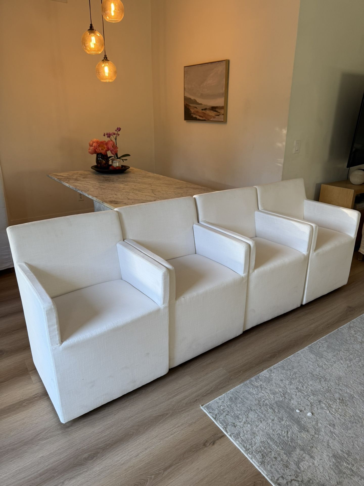 4 RH ELLISON TRACK ARM FABRIC DINING ARMCHAIR White