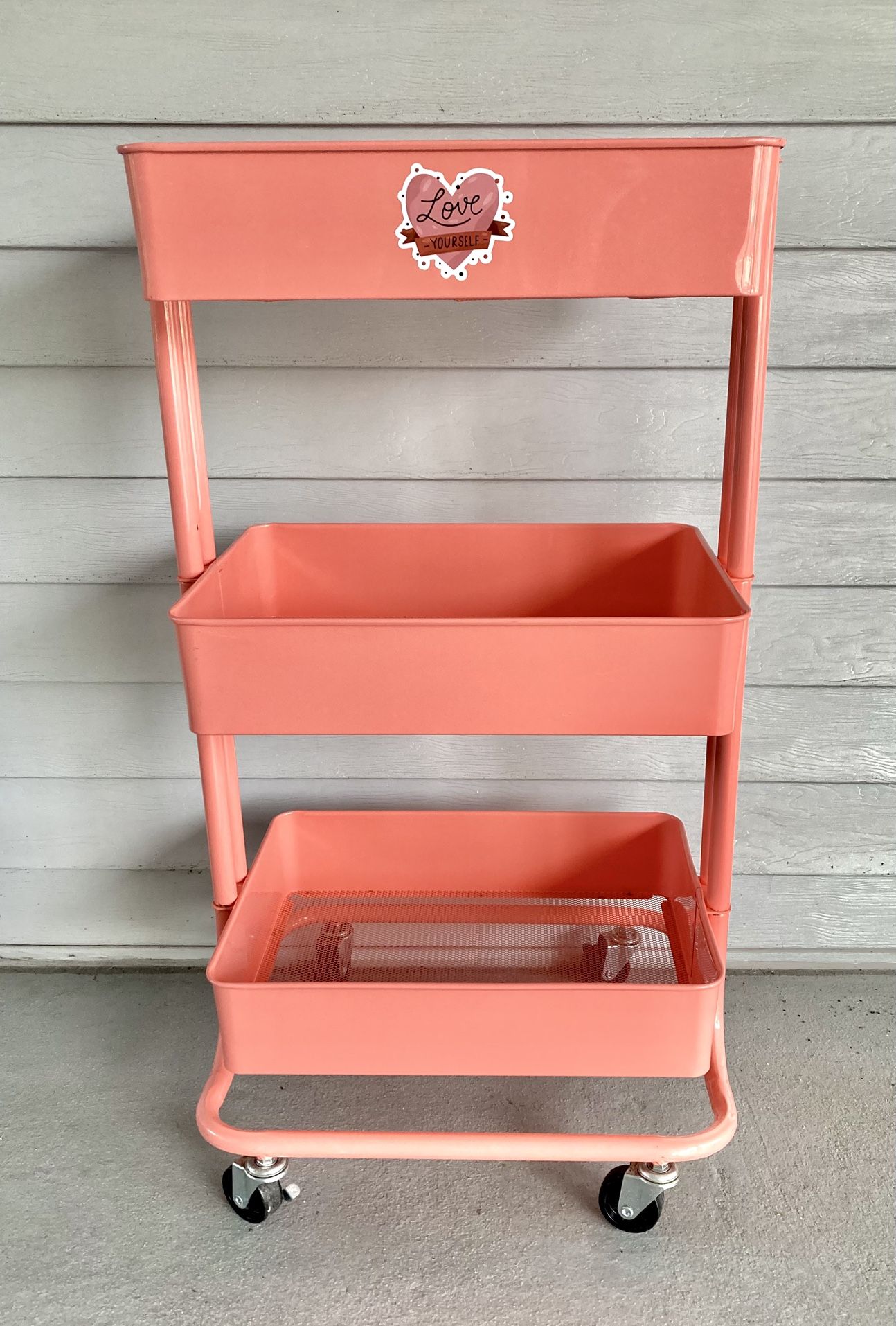 Metal Cart Three Levels Peach Pink Wheels