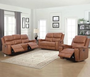 Cognac brown leather fully reclining three piece couch set
