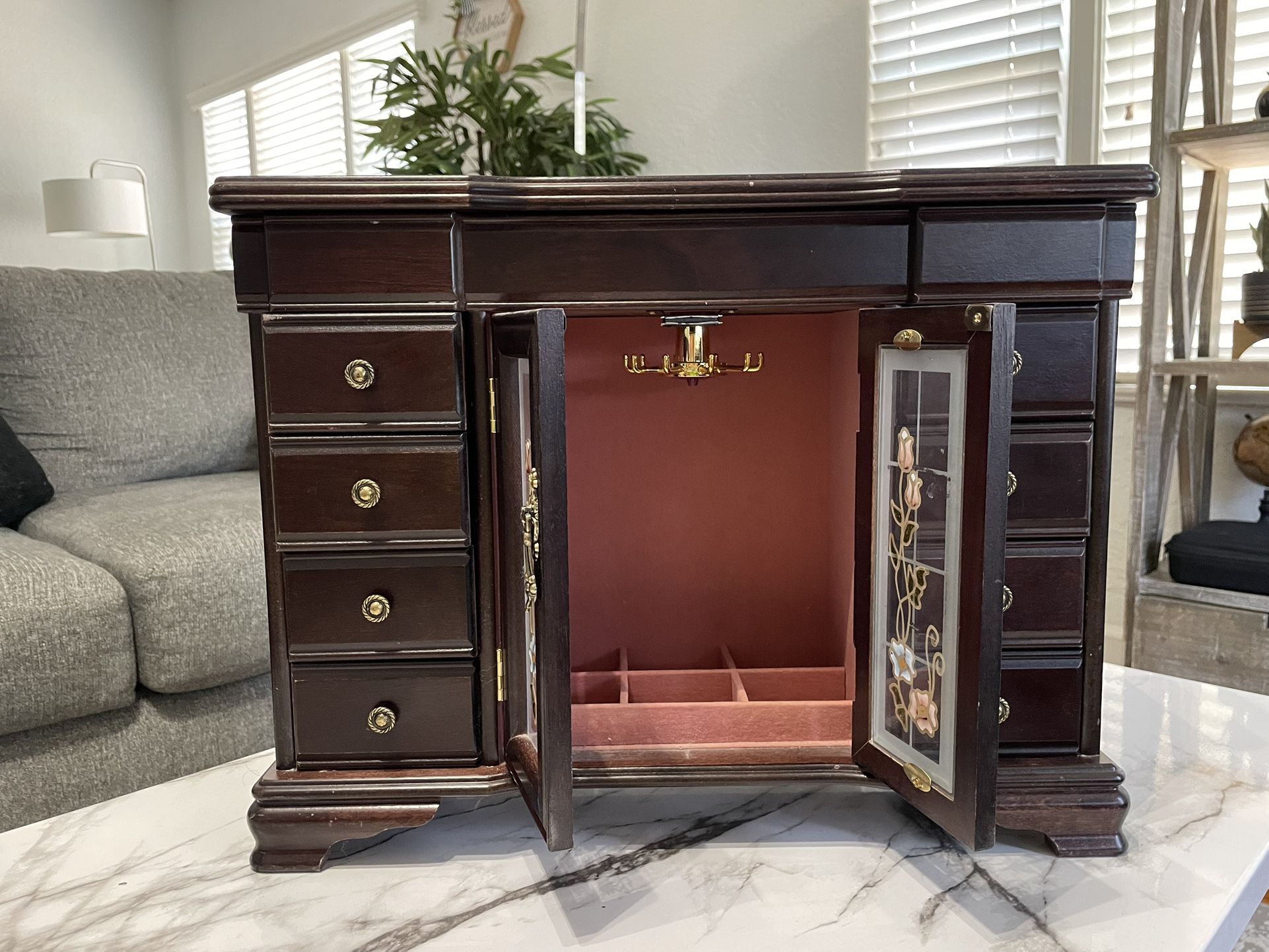 Jewelry Box Cherry Wood w/Etched Rose Armoire-Style Doors