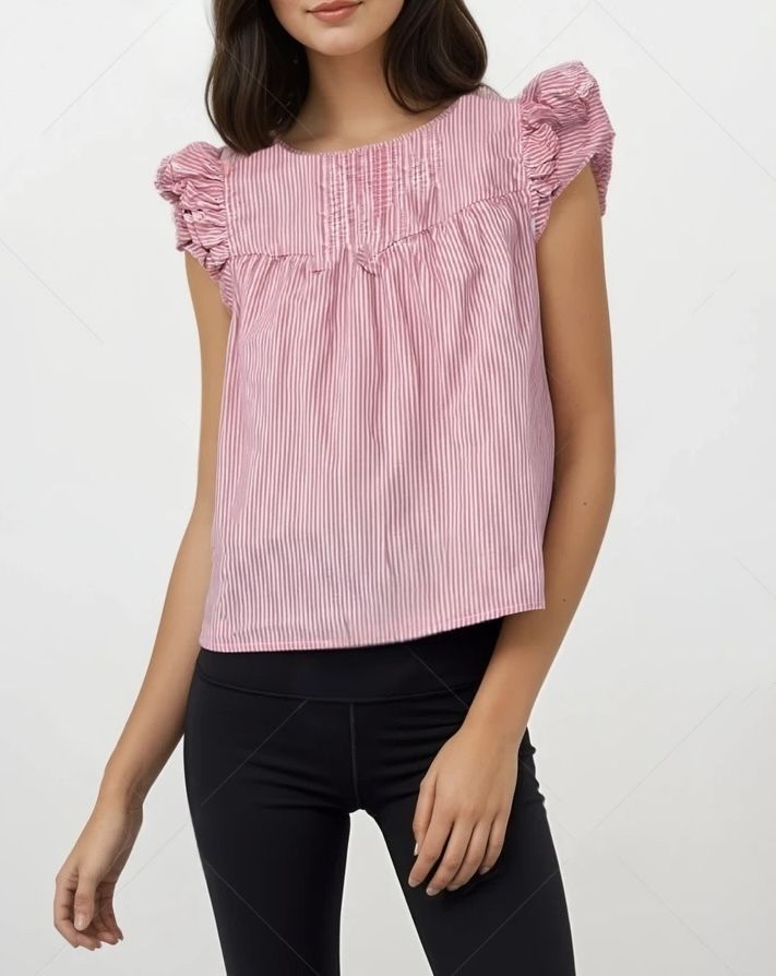 J Crew Pink Striped Ruffle Top Blouse Keyhole Back Pleated Sz S