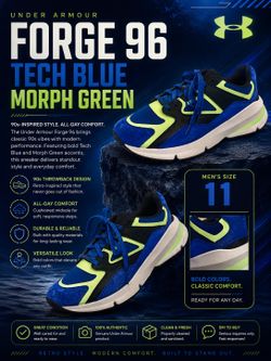 Size 11 - Under Armour Forge 96 Tech Blue Morph Green