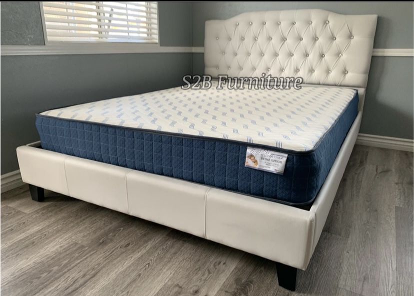 Full White Crystal Button Bed