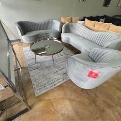 New gray   Velvet Living Room Set 3 Pcs 