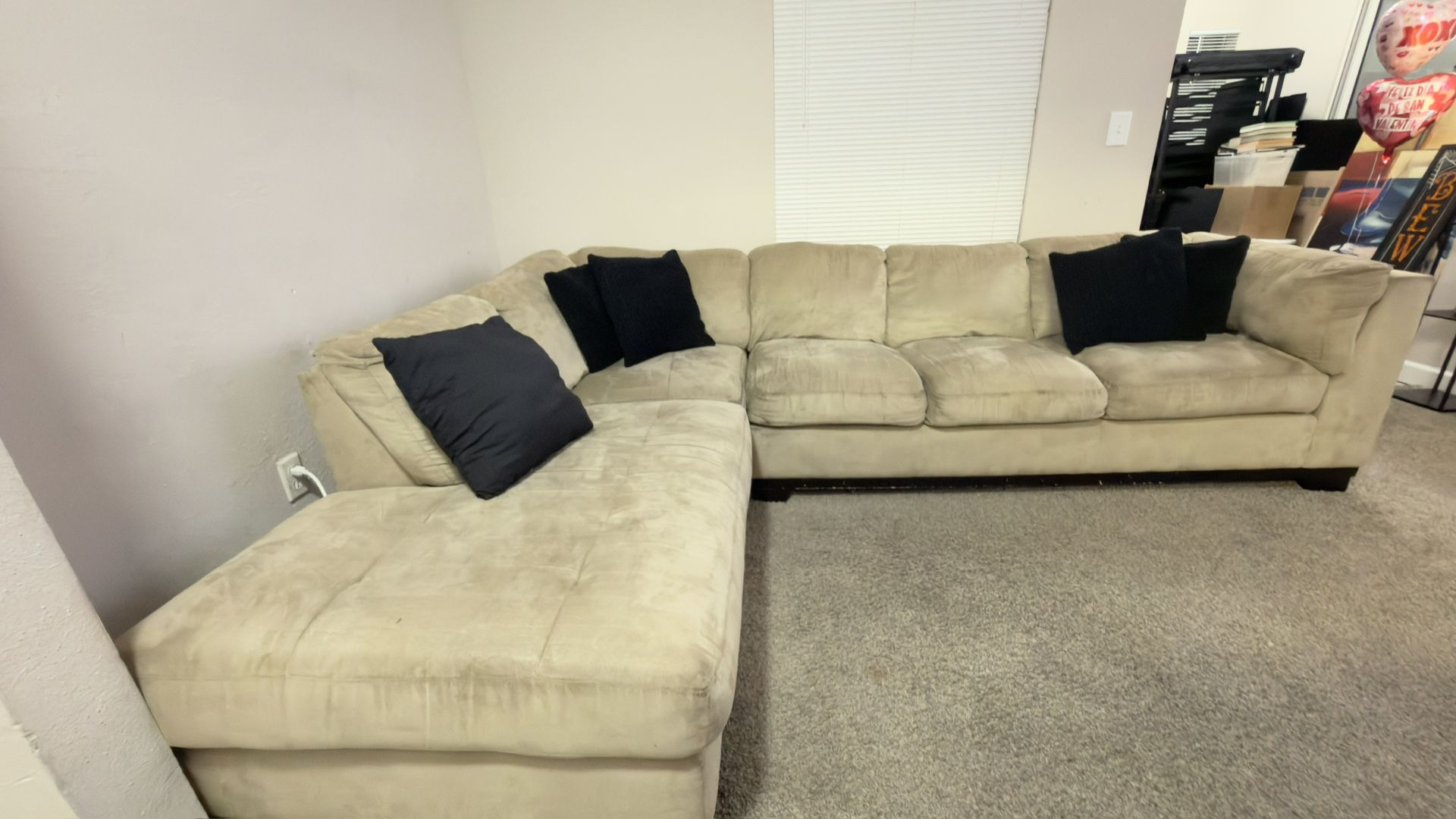 Large Beige Sectional Sofa with Chaise & Pillows