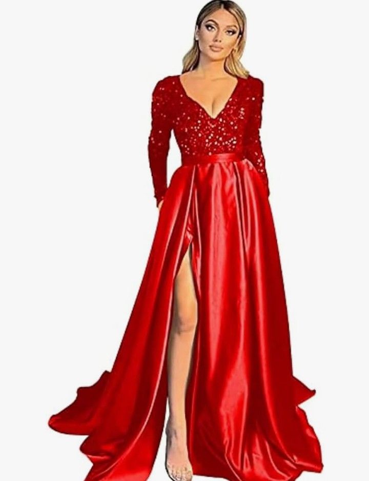 Sequin & Satin Long Sleeve Dress W/Pockets 