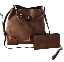 Michael Kors Brown Pebbled Leather Bucket Shoulder Bag Crossbody w/ Matching Wristlet Wallet Set