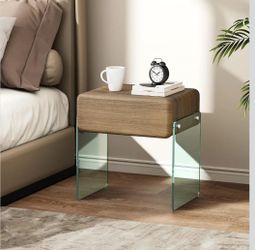 Walnut Brown Nightstand with Drawer Bedside Side Table Transparent Glass Legs Faux Leather Surface Solid Wood Drawer Retails $209