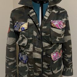Anthropologie Beautiful Stories Embroidered Camo Utility Jacket (Sz Med)