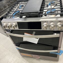 GE PROFILE 30” SMART SLIDE-IN GAS DOUBLE OVEN RANGE - STAINLESS STEEL - MOD #: PGS960YPFS