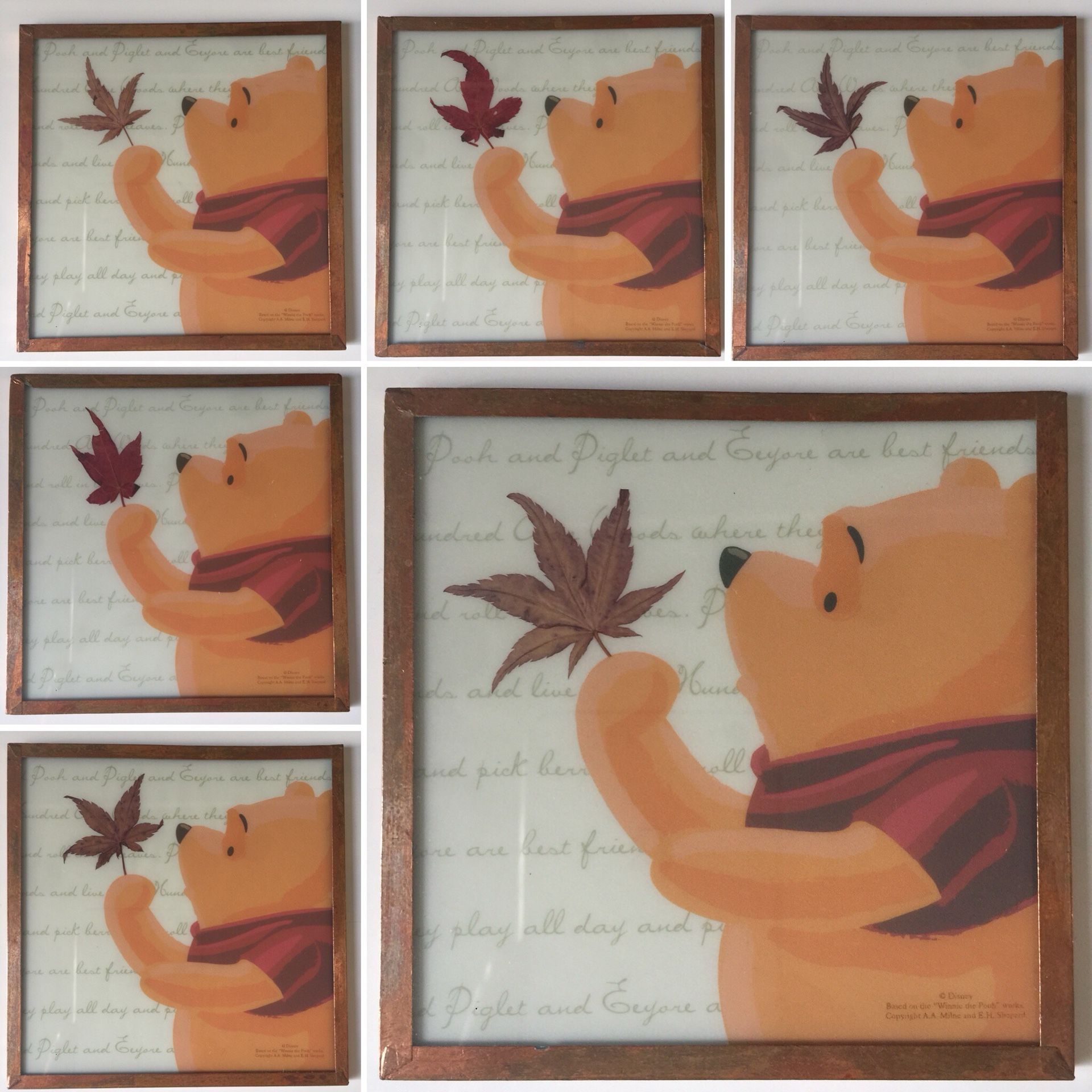 Fall / Autumn Decor - Framed Glass Winnie the Pooh Coasters/ Tile Set