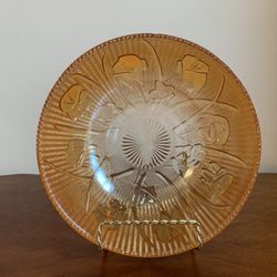 Jeanette iridescent Amber luster carnival glass bowl about 8” diameter x just over 2.5” tall